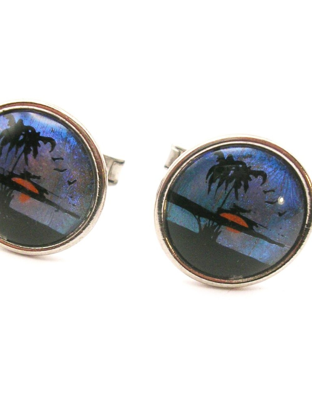 Vintage Cufflinks Morpho Butterfly Wing Sunset Beach Scene Men's Formal Wear